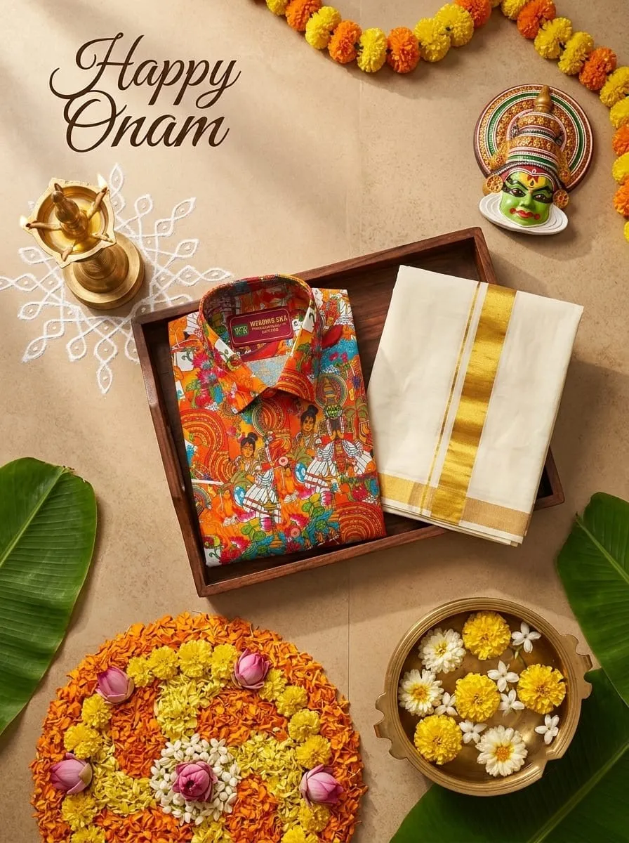 Kalamkari Orange Heritage Print Gold Kara Mundu Dhoti Set